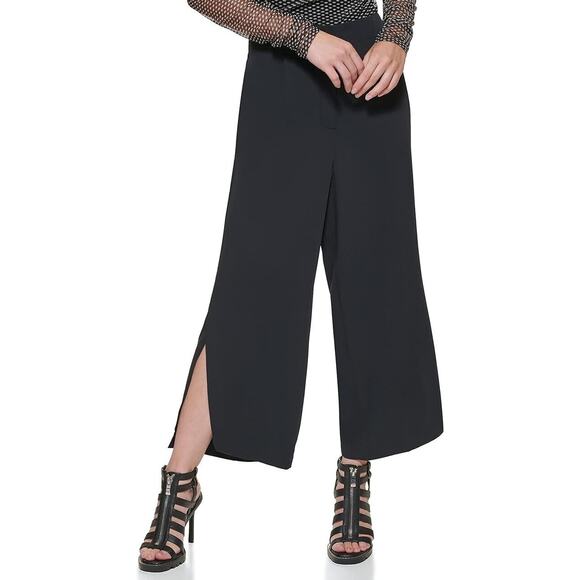 DKNY Womens‎ Black High Rise Pleated Wide Leg Cropped Pants Slit Size 12 - Picture 1 of 6